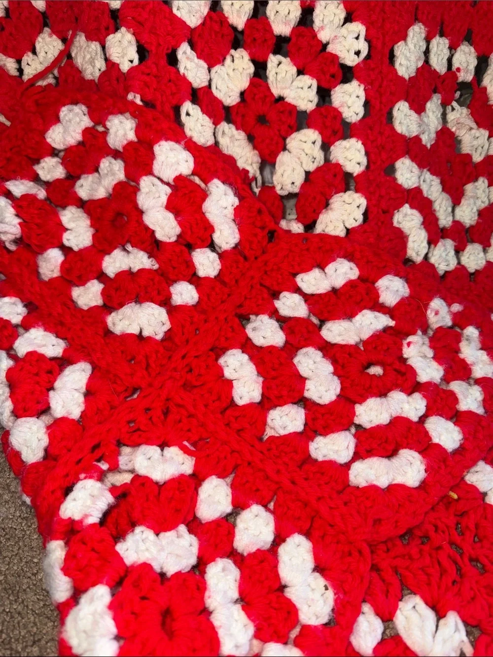 Hand Crafted Red and White‎ Granny Square Crochet Throw Blanket